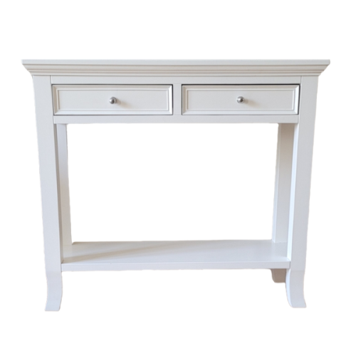 klasyczna elegancka biała drewniana konsola z dwoma szufladkami i półką w stylu hampton do przedpokoju