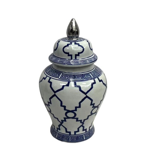 ceramiczna waza, amfora, urna w stylu hampton z granatowym geometrycznym wzorem